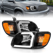 Load image into Gallery viewer, ANZO 00-04 Toyota Tundra (Fits Reg/Acc Cab Only) Crystal Headlights w/Light Bar Black w/Corner Light 111579