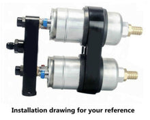 Load image into Gallery viewer, Billet Twin Dual Bosch 044 380lph AEM Fuel Pump Outlet Manifold Mounting Bracket