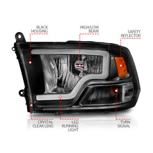 Load image into Gallery viewer, ANZO 2009-2018 Dodge Ram 1500 Crystal Headlights w/ Light Bar Black Housing 111515