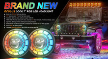 Load image into Gallery viewer, SPDZ1 Oculus 7” RGB LED Headlights with LED RGB Fog Light Kit – App Controlled Multi-Mode Halo