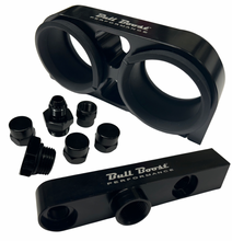 Load image into Gallery viewer, Billet Twin Dual Bosch 044 380lph AEM Fuel Pump Outlet Manifold Mounting Bracket