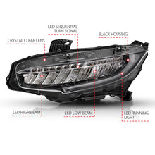 Load image into Gallery viewer, ANZO 16-17 Honda Civic Projector Headlights Plank Style Black w/Amber/Sequential Turn Signal 121527