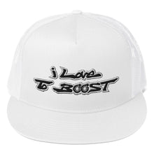 Load image into Gallery viewer, i Love To BOOST (Stacked) White Trucker Cap