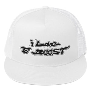 i Love To BOOST (Stacked) White Trucker Cap